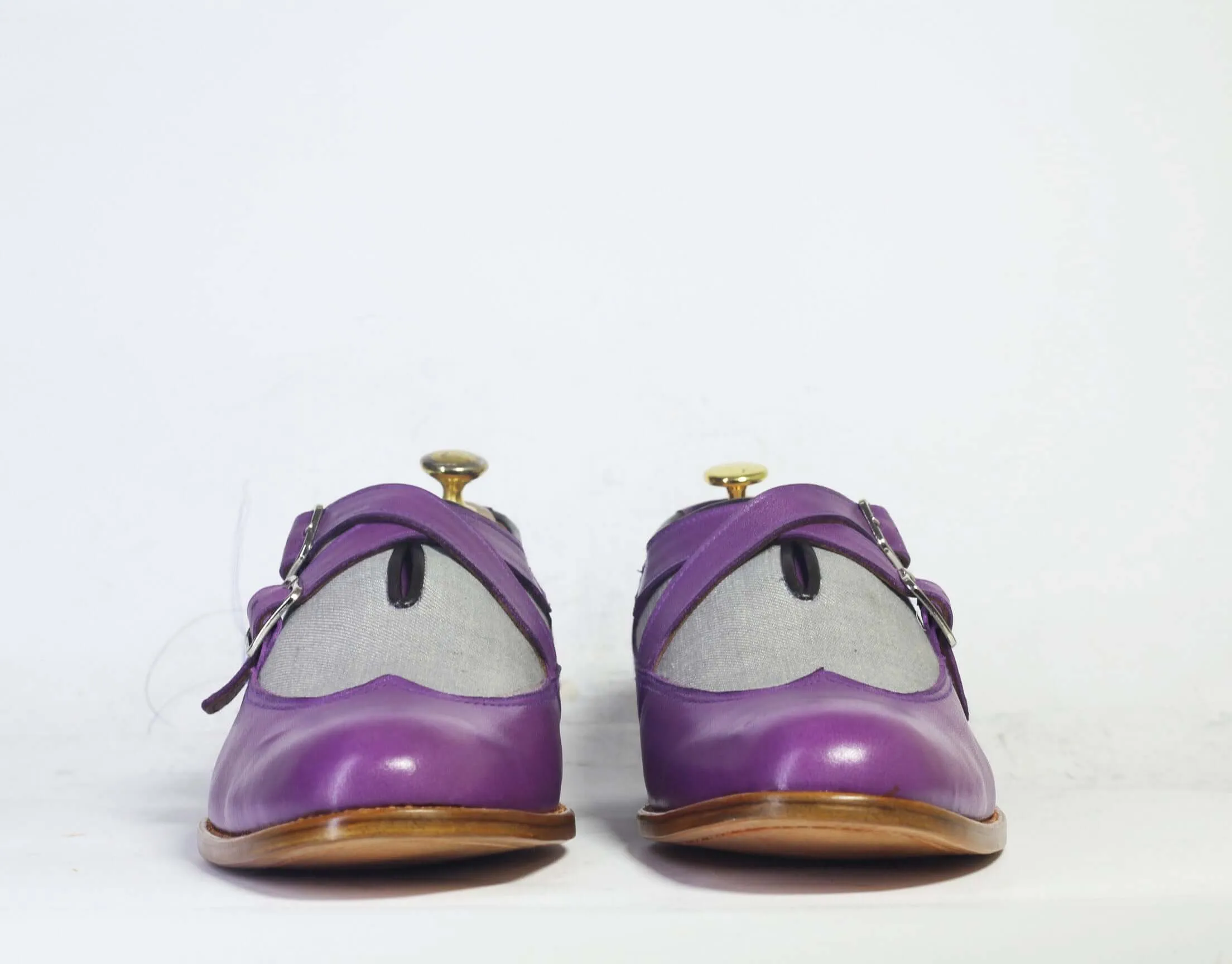 Handmade Men’s Purple Gray Double Monk Strap Shoes, Men Leather & Denim Shoes