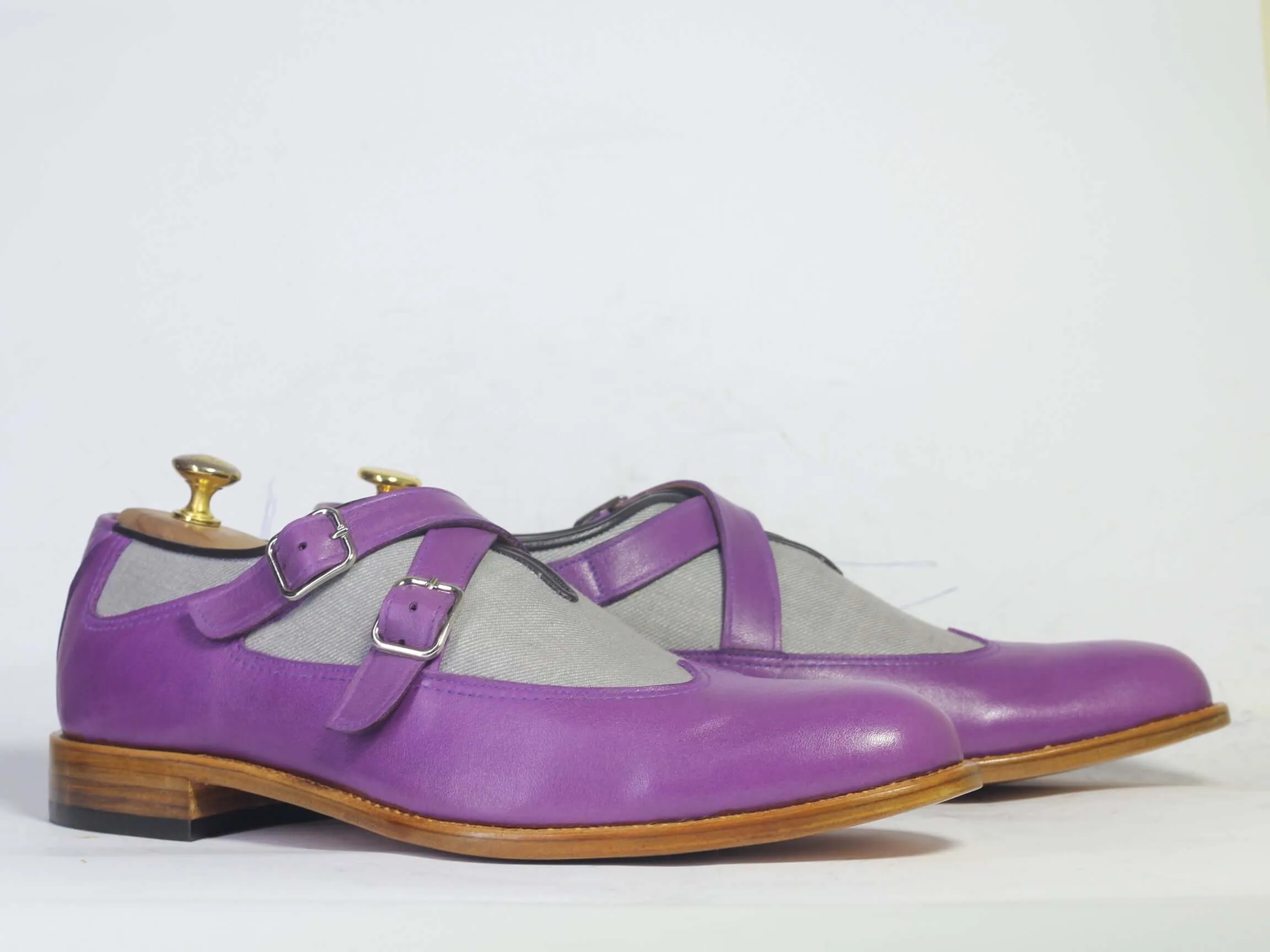 Handmade Men’s Purple Gray Double Monk Strap Shoes, Men Leather & Denim Shoes