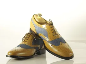 Handmade Men's Tan Blue Leather Denim Wing Tip Brogue Lace Up Shoes, Men Designer Dress Formal Luxury Shoes