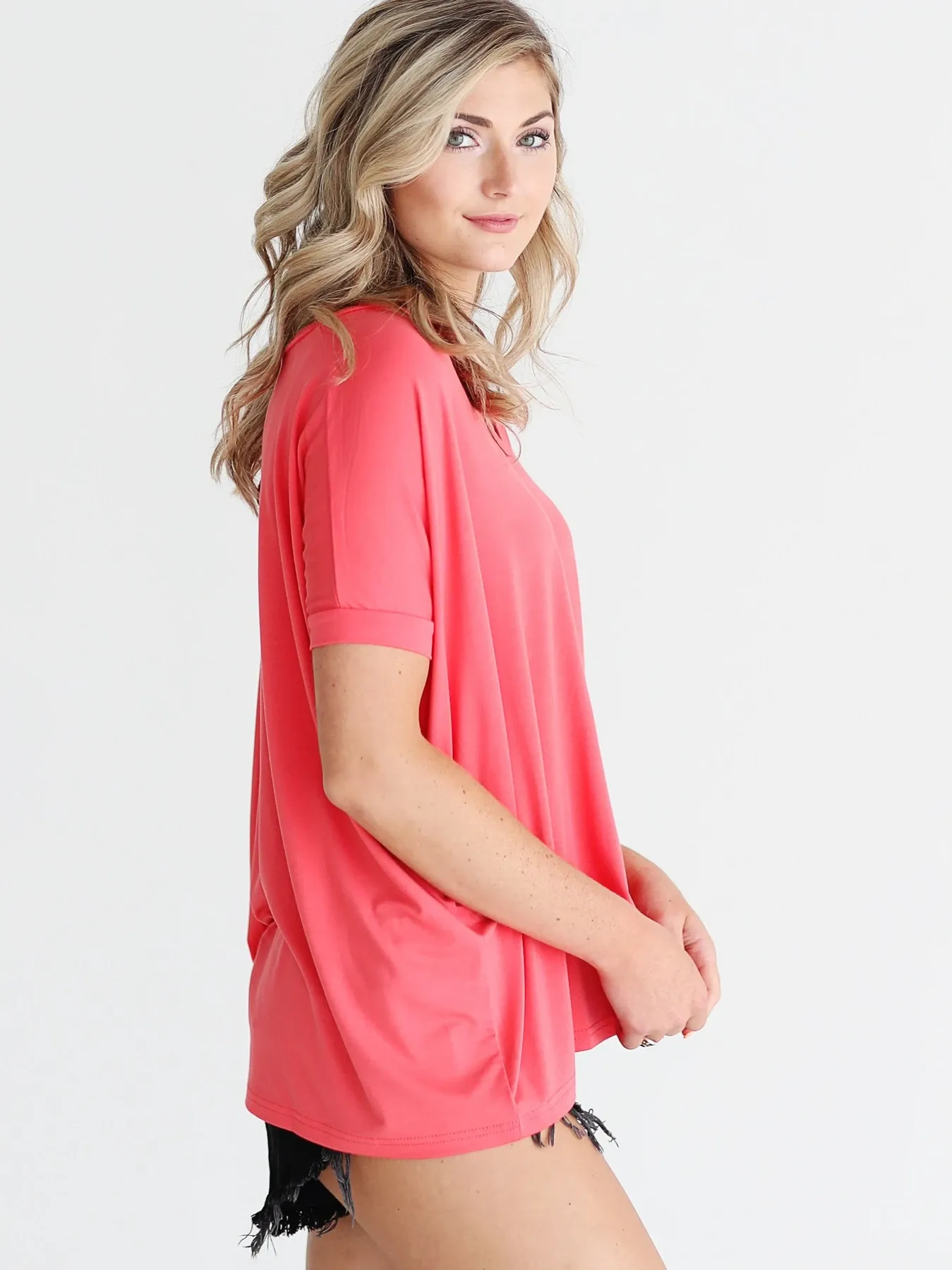 Hot Coral V-neck Short Sleeve Top