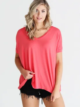 Hot Coral V-neck Short Sleeve Top