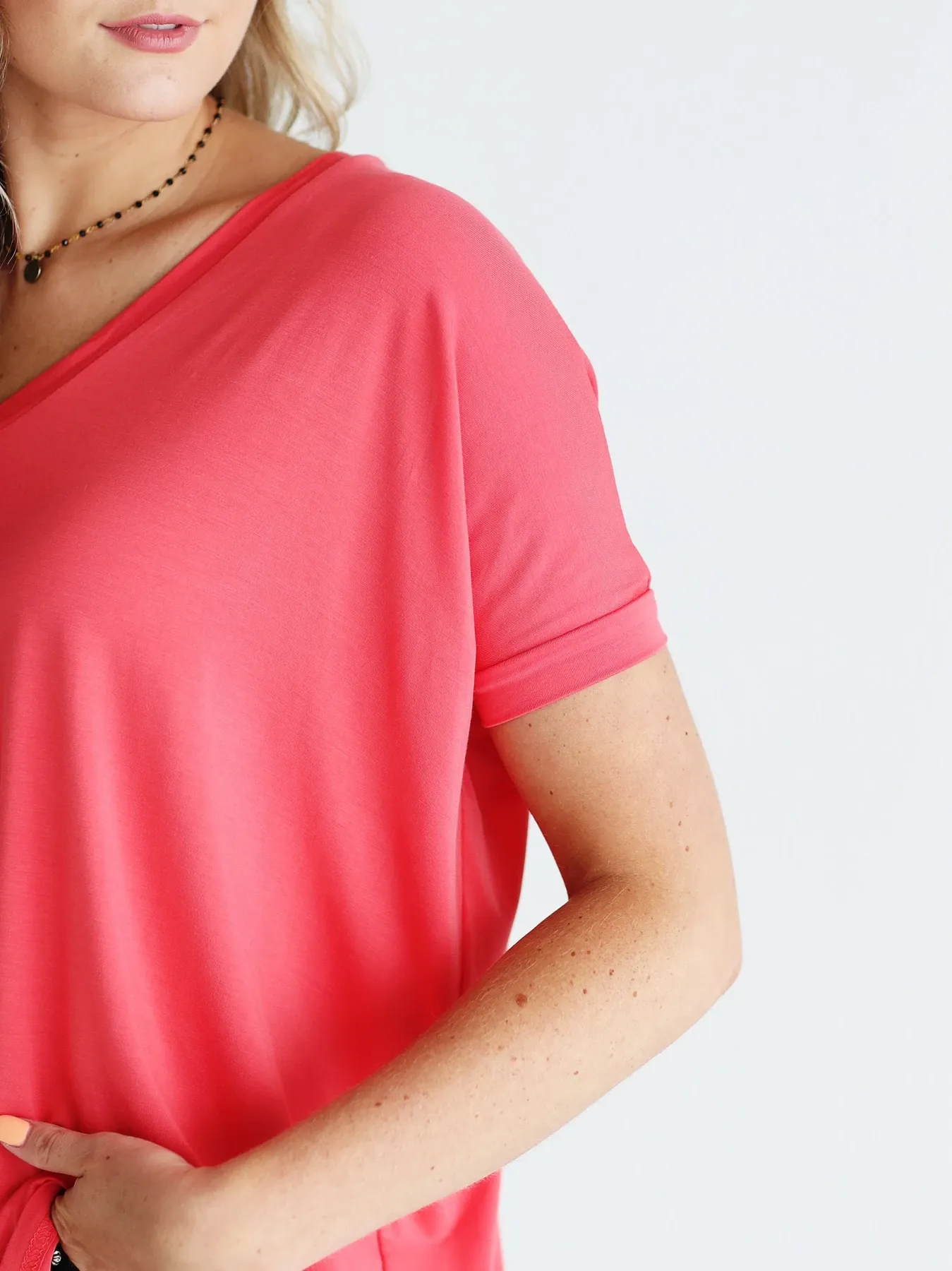 Hot Coral V-neck Short Sleeve Top