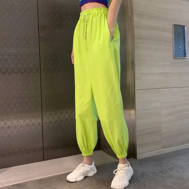 Neon Green Solid Color Cargo Pants