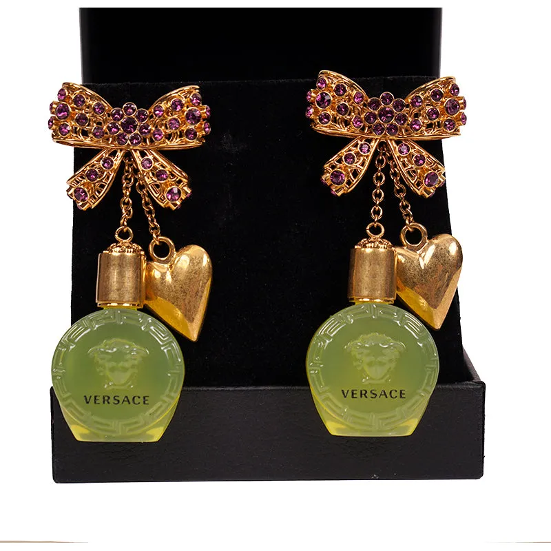 NEW $1,195 VERSACE RUNWAY Yellow Glass MEDUSA PERFUME BOTTLE Bow Drop EARRINGS