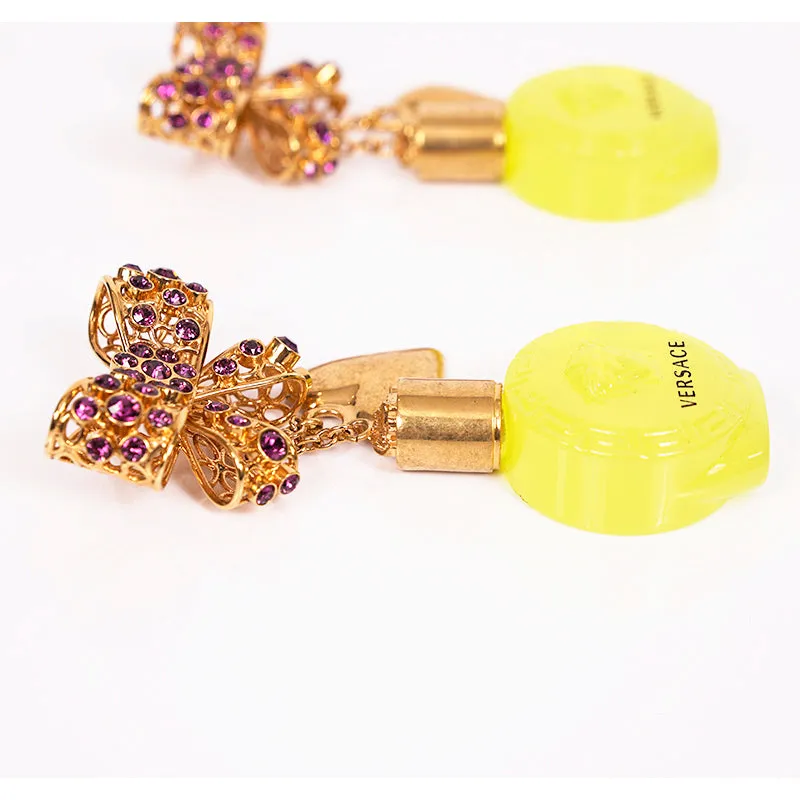 NEW $1,195 VERSACE RUNWAY Yellow Glass MEDUSA PERFUME BOTTLE Bow Drop EARRINGS