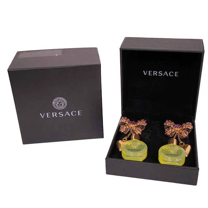NEW $1,195 VERSACE RUNWAY Yellow Glass MEDUSA PERFUME BOTTLE Bow Drop EARRINGS