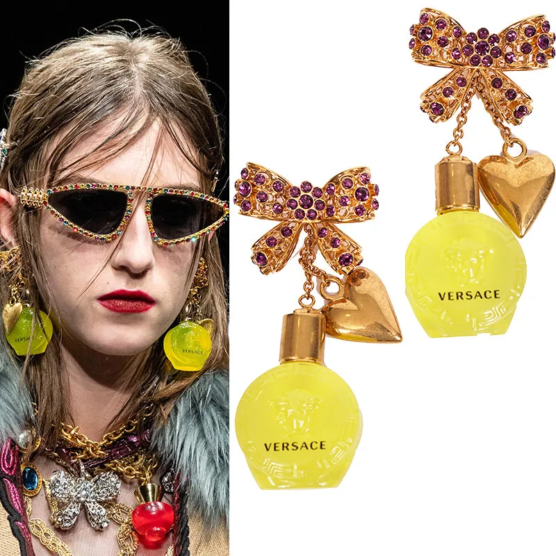 NEW $1,195 VERSACE RUNWAY Yellow Glass MEDUSA PERFUME BOTTLE Bow Drop EARRINGS