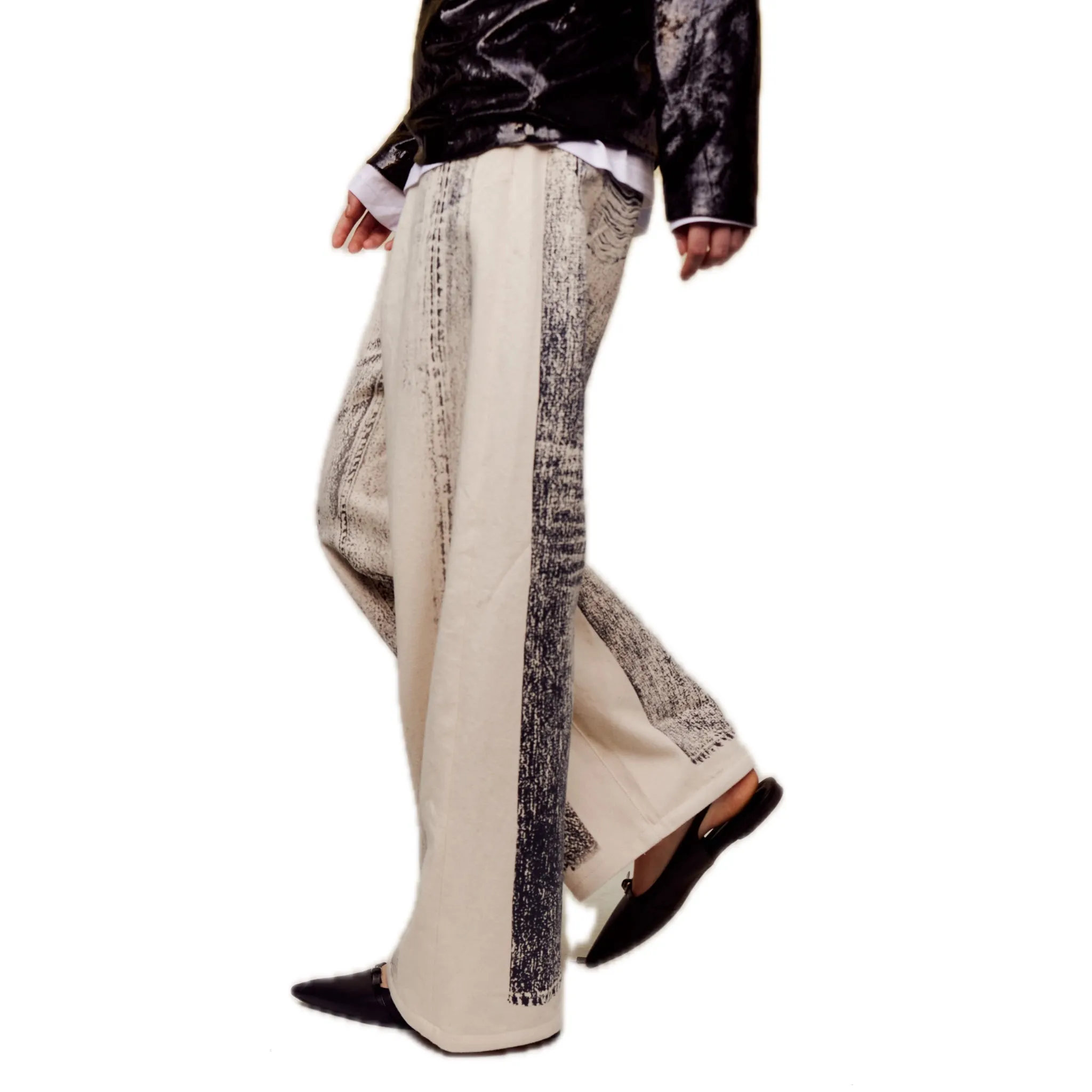 Off-set Printed Denim Wide-leg Pants