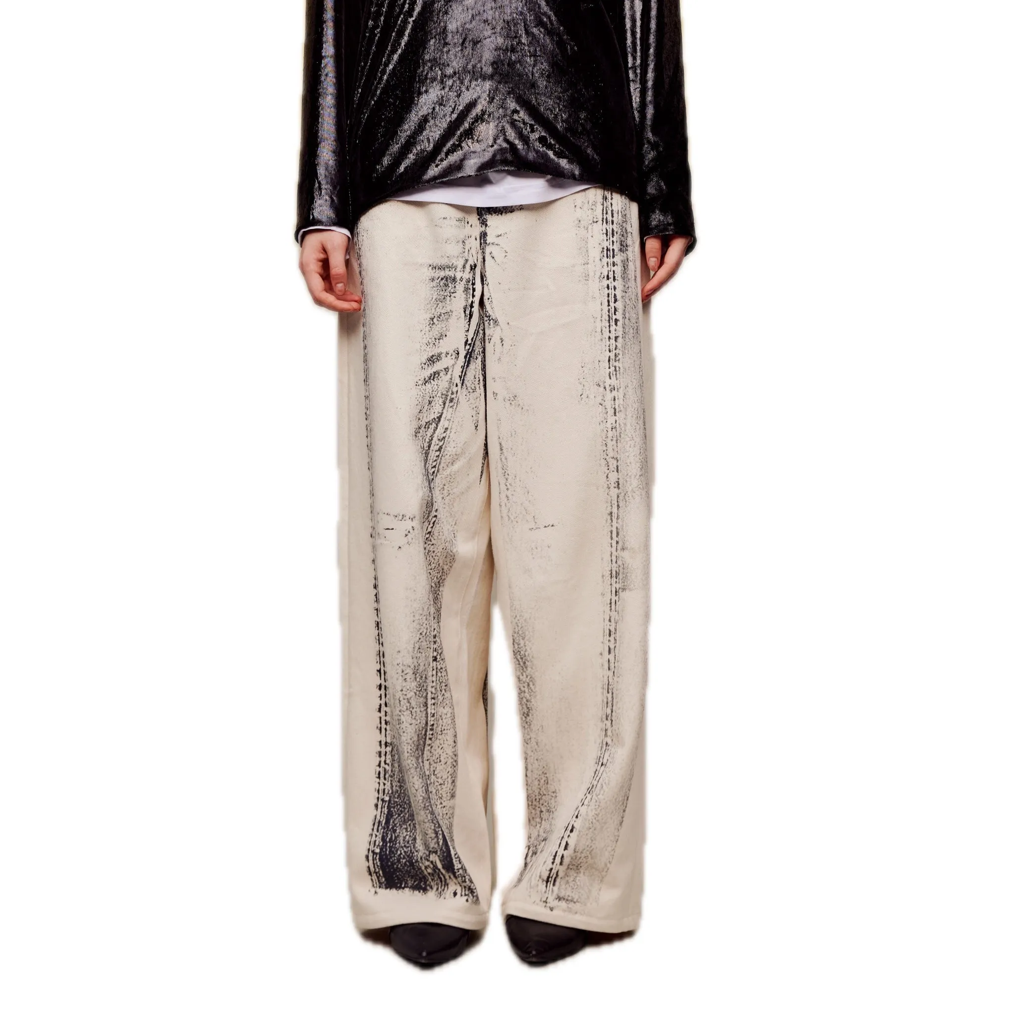 Off-set Printed Denim Wide-leg Pants