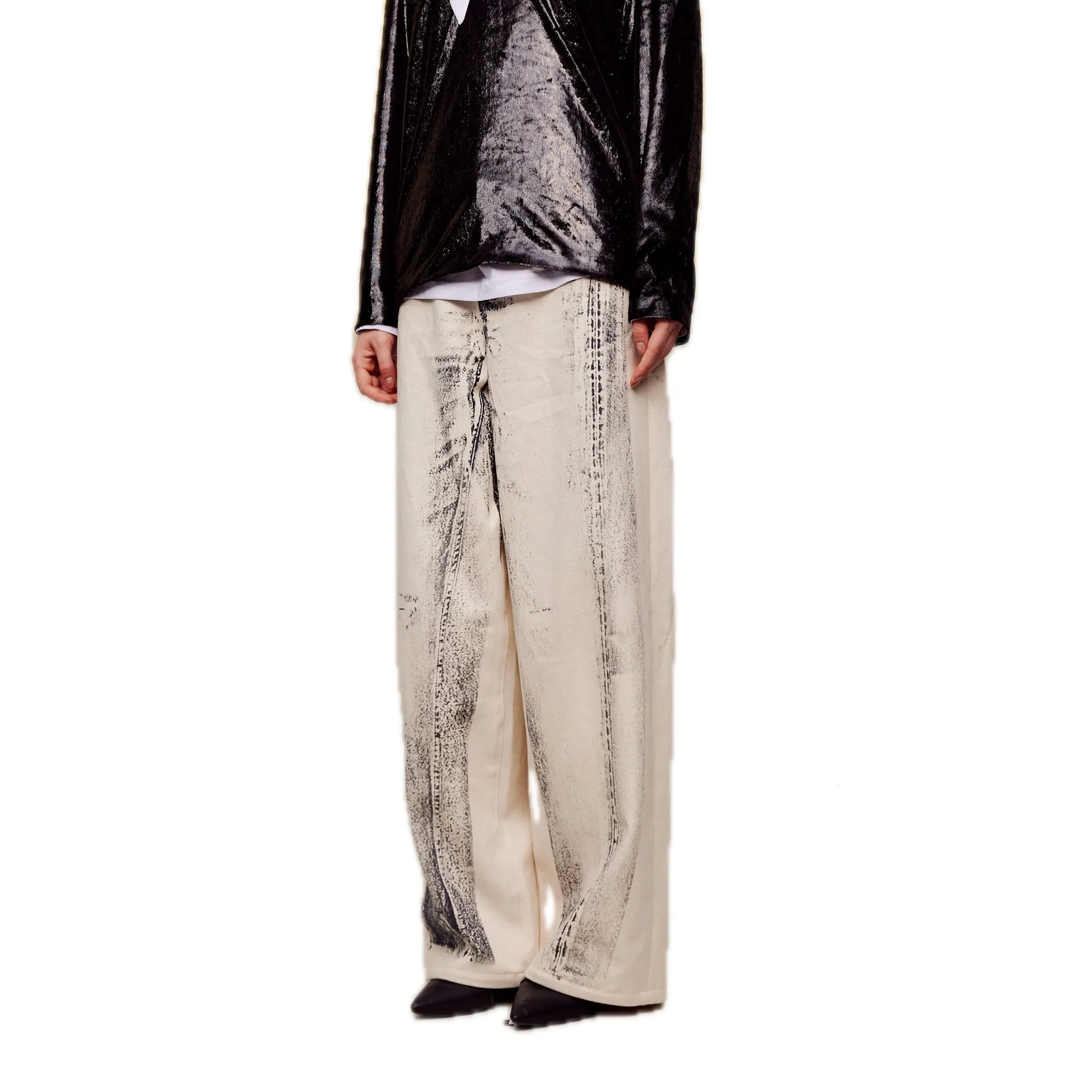 Off-set Printed Denim Wide-leg Pants