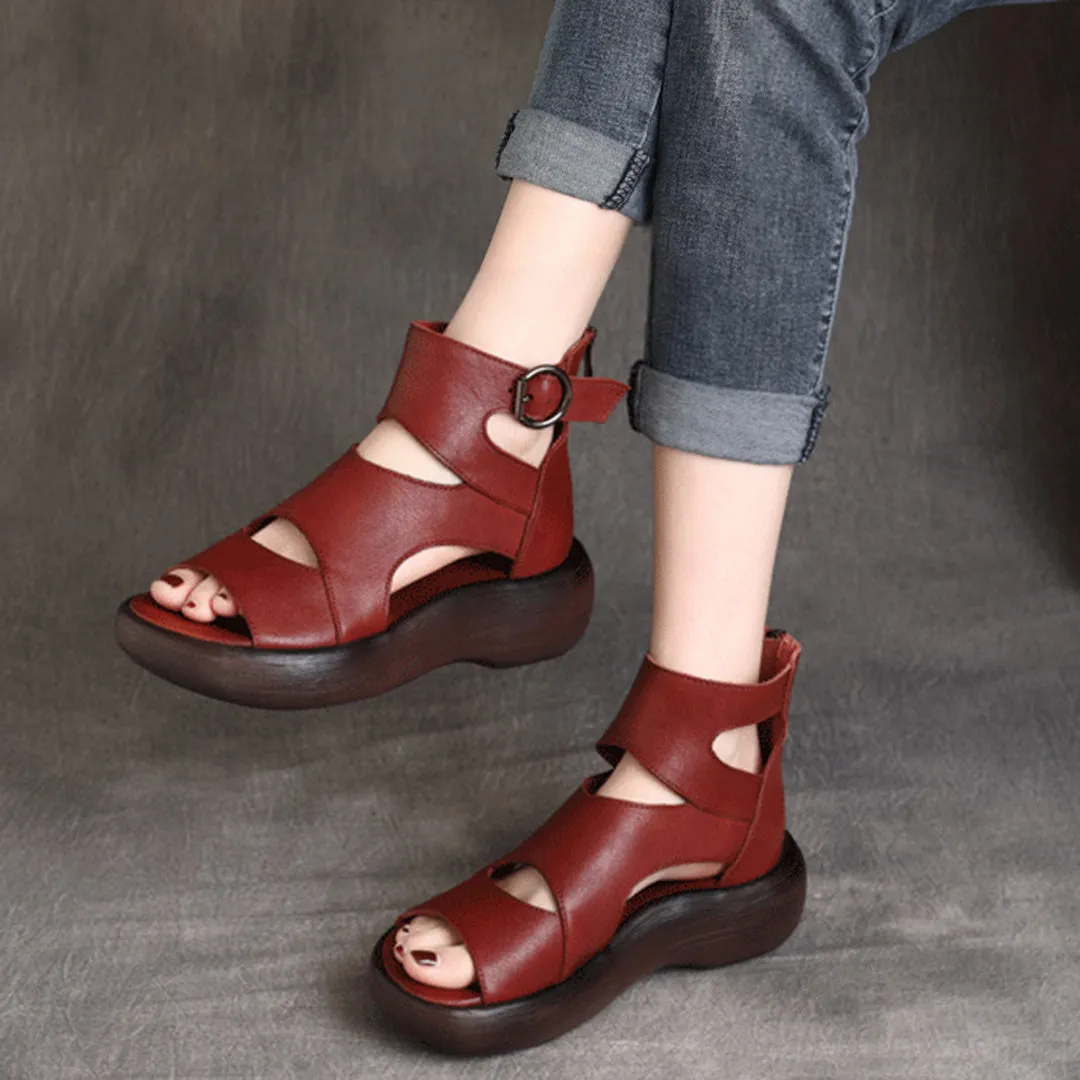 Peep Toe Mid Heel Leather Sandals
