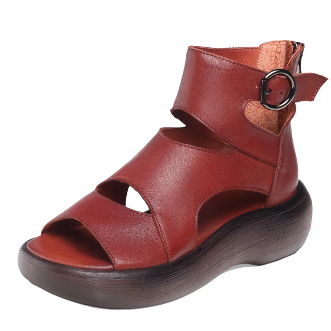 Peep Toe Mid Heel Leather Sandals
