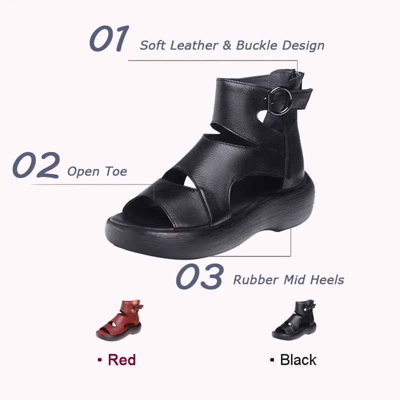 Peep Toe Mid Heel Leather Sandals