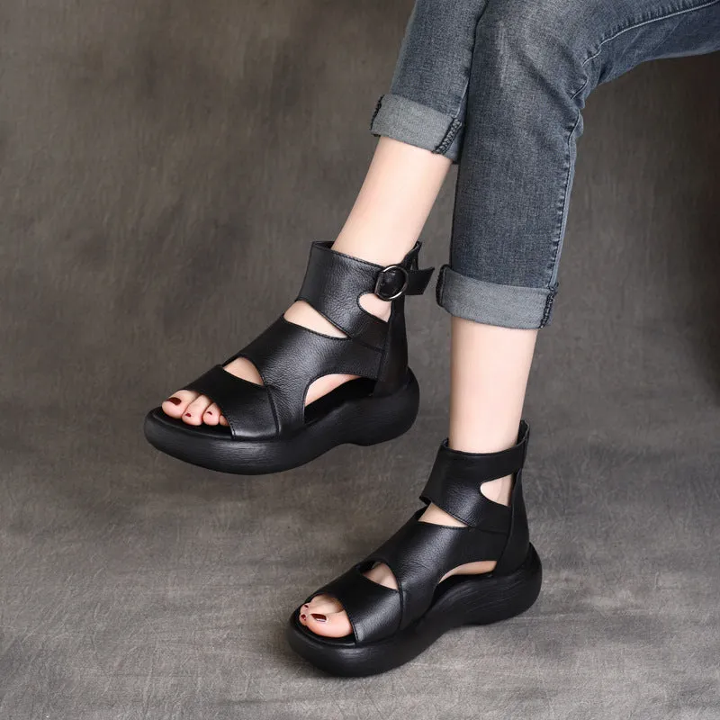 Peep Toe Mid Heel Leather Sandals