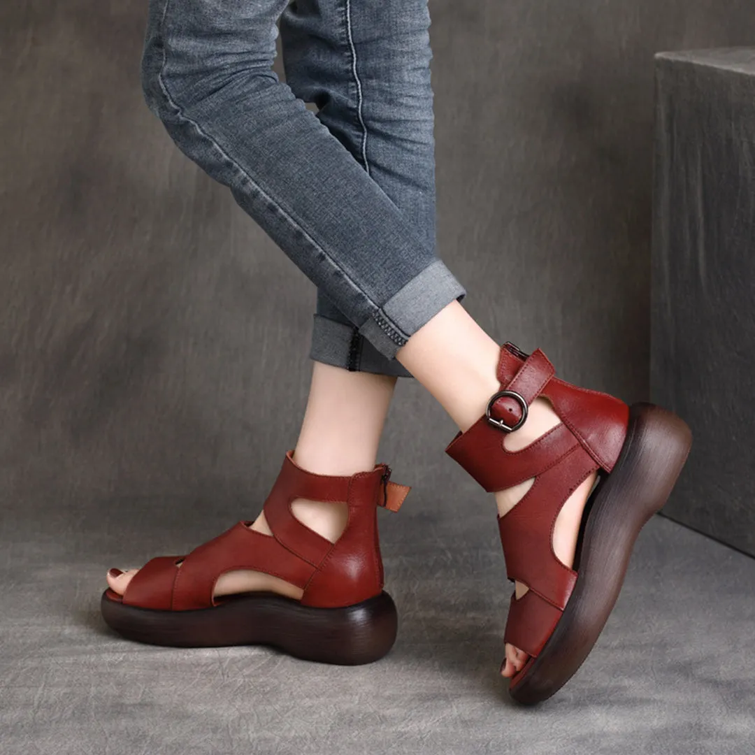 Peep Toe Mid Heel Leather Sandals