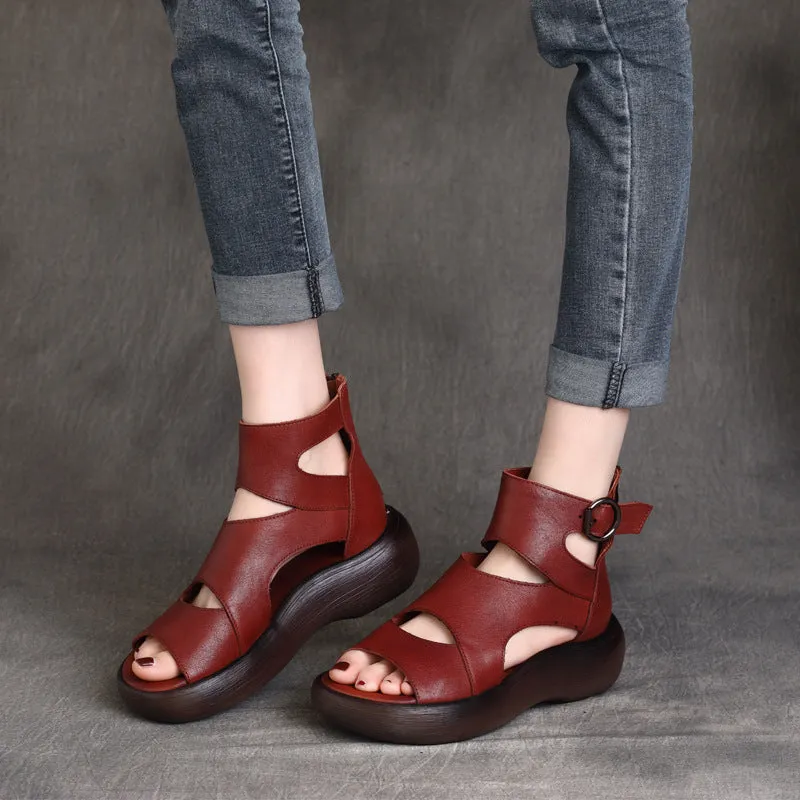 Peep Toe Mid Heel Leather Sandals
