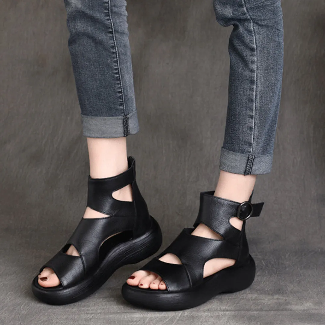 Peep Toe Mid Heel Leather Sandals