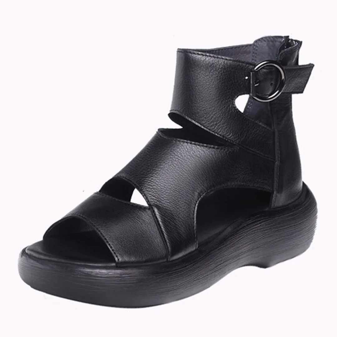 Peep Toe Mid Heel Leather Sandals