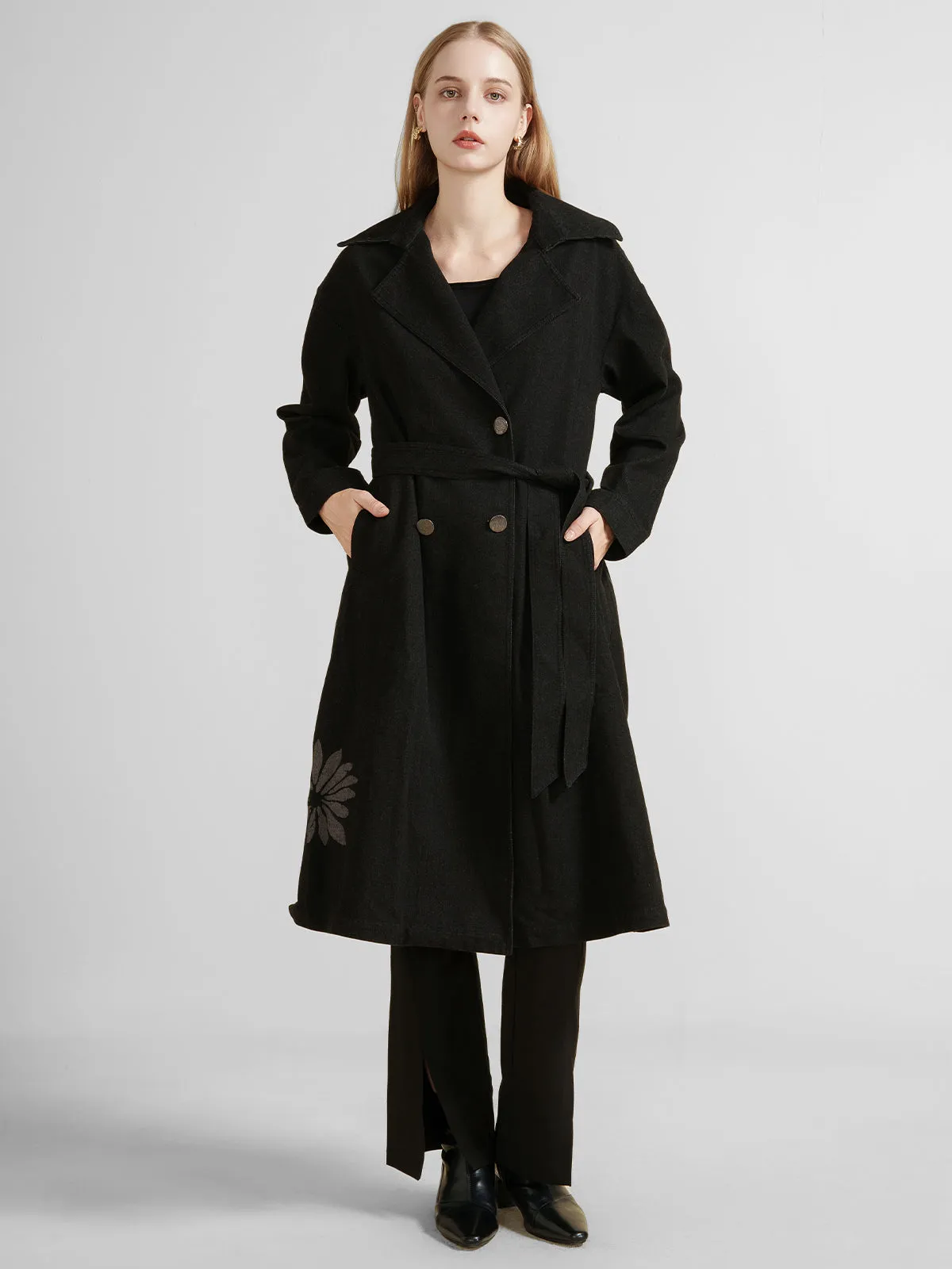 Printed Longline Denim Trench Coat