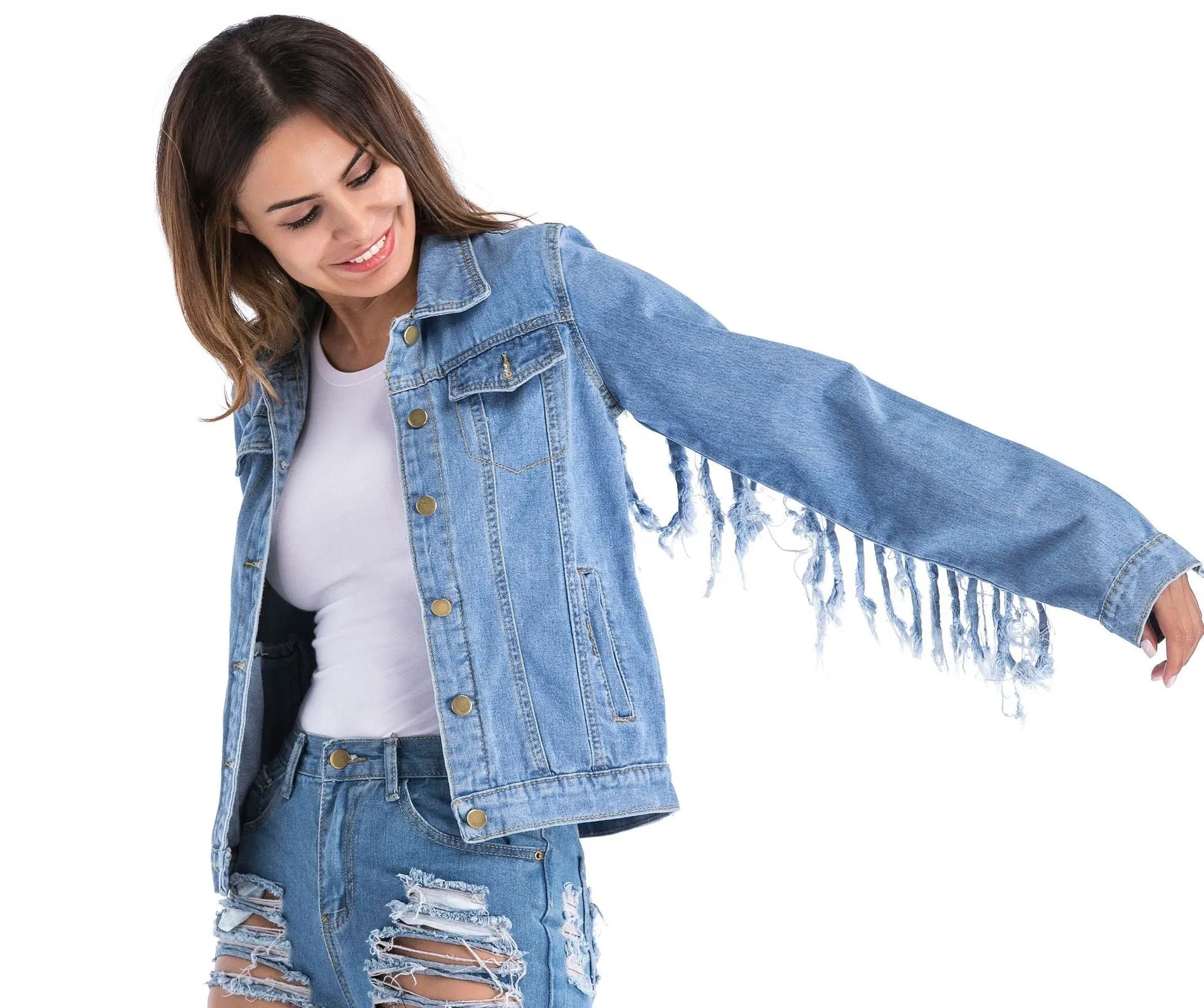 Spring And Summer  Street Fashion Women Fringes Design Blue Denim Jacket/Shirt Jacket
