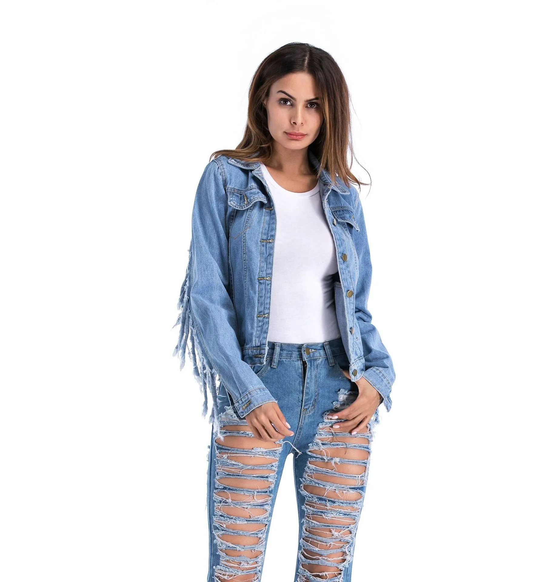 Spring And Summer  Street Fashion Women Fringes Design Blue Denim Jacket/Shirt Jacket