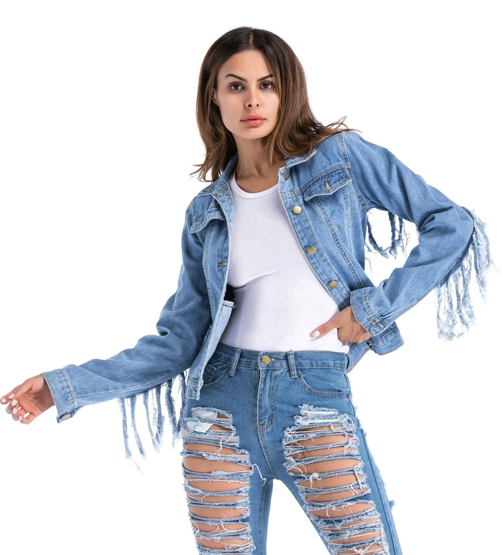 Spring And Summer  Street Fashion Women Fringes Design Blue Denim Jacket/Shirt Jacket