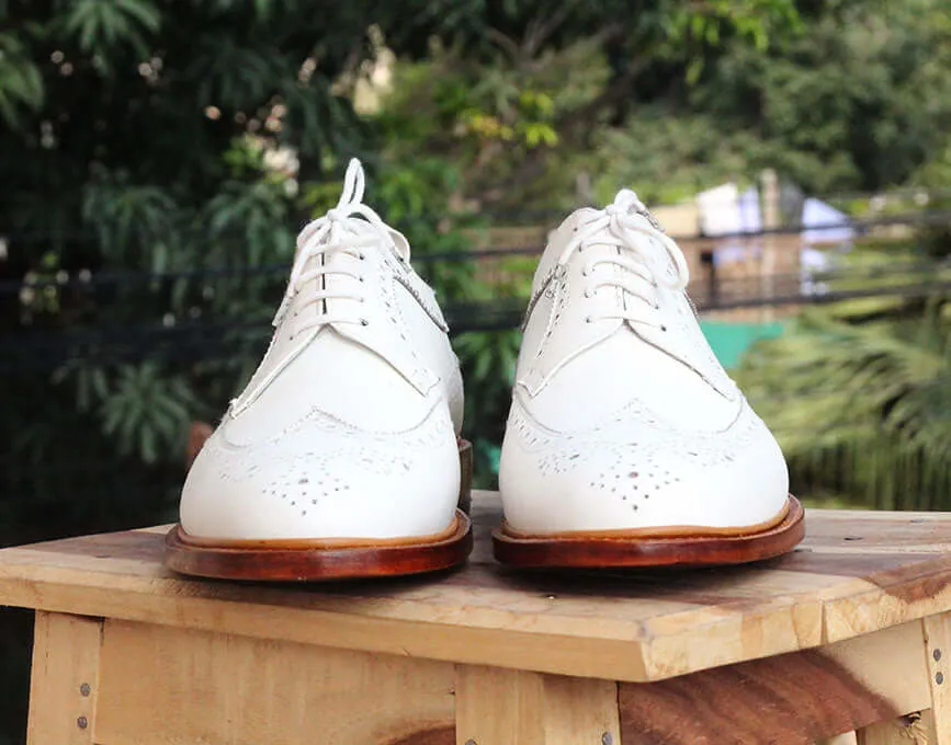 Stylish Handmade Men's White Leather Wing Tip Brogue Lace Up Dress Shoes