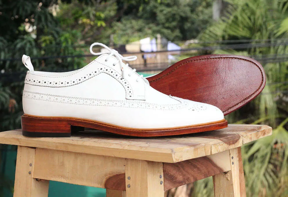 Stylish Handmade Men's White Leather Wing Tip Brogue Lace Up Dress Shoes