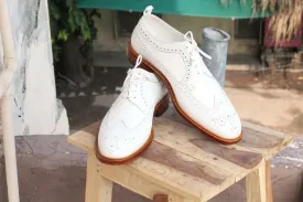 Stylish Handmade Men's White Leather Wing Tip Brogue Lace Up Dress Shoes