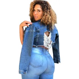 Stylish Plus-size Women's Ripped Big Hole Denim Jacket