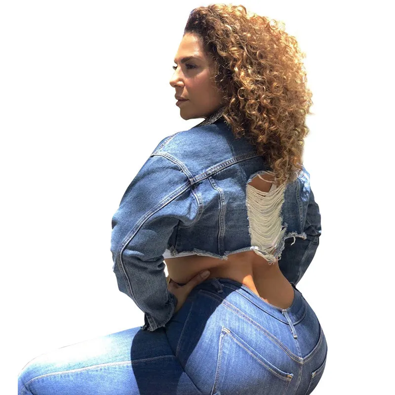 Stylish Plus-size Women's Ripped Big Hole Denim Jacket