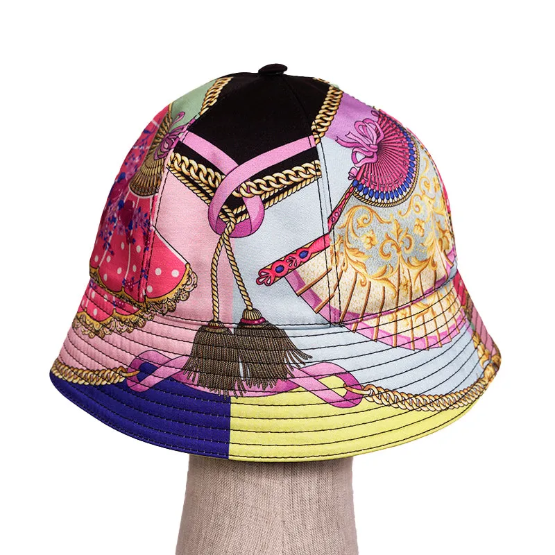 sz 57/58/59/60 NEW $625 VERSACE Ventagli BAROQUE FLORAL FAN PRINT Logo Nylon BUCKET HAT