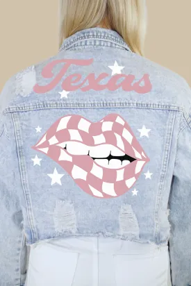 Texas (Rose Pink/White) Checkered Lips Denim Jacket