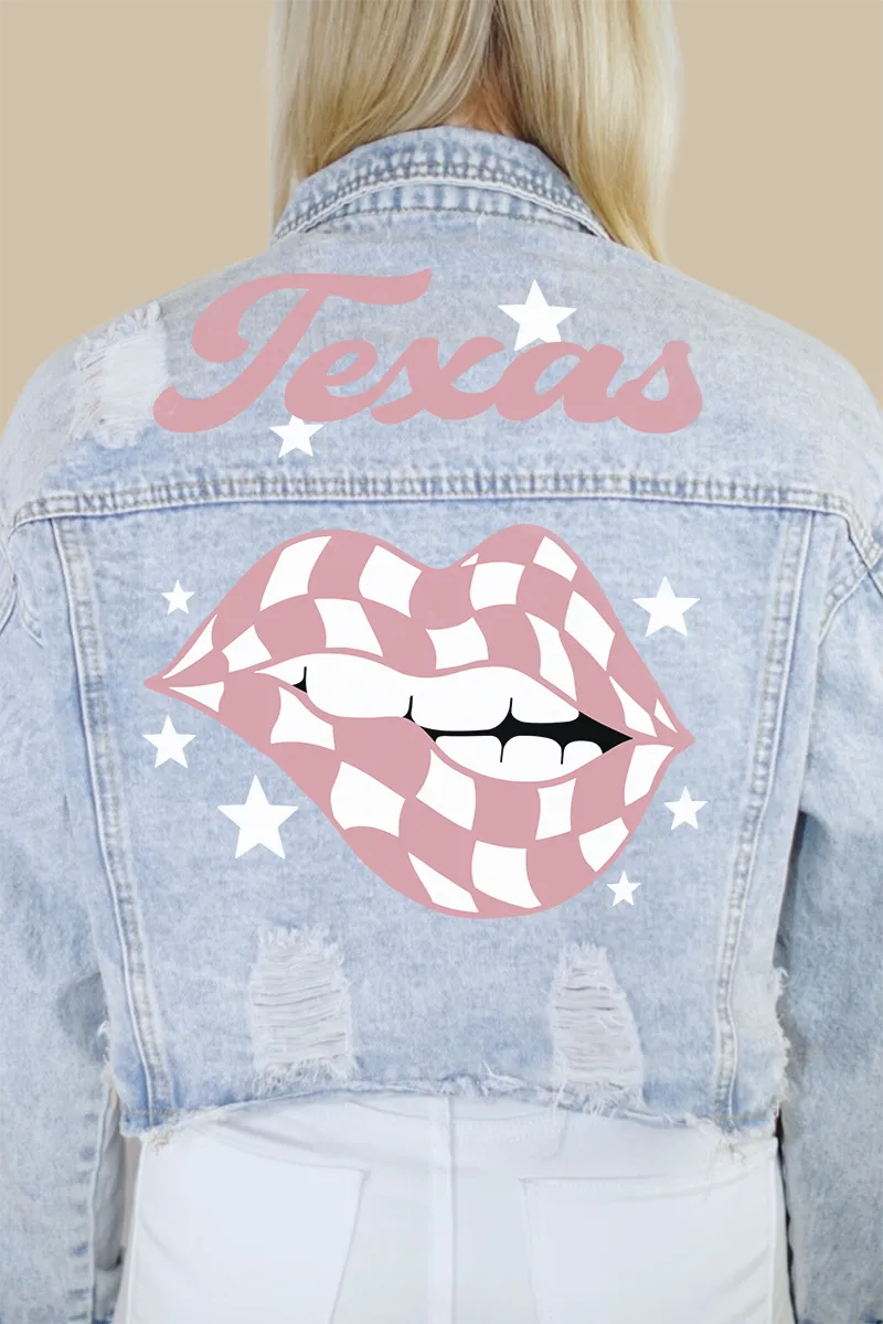 Texas (Rose Pink/White) Checkered Lips Denim Jacket