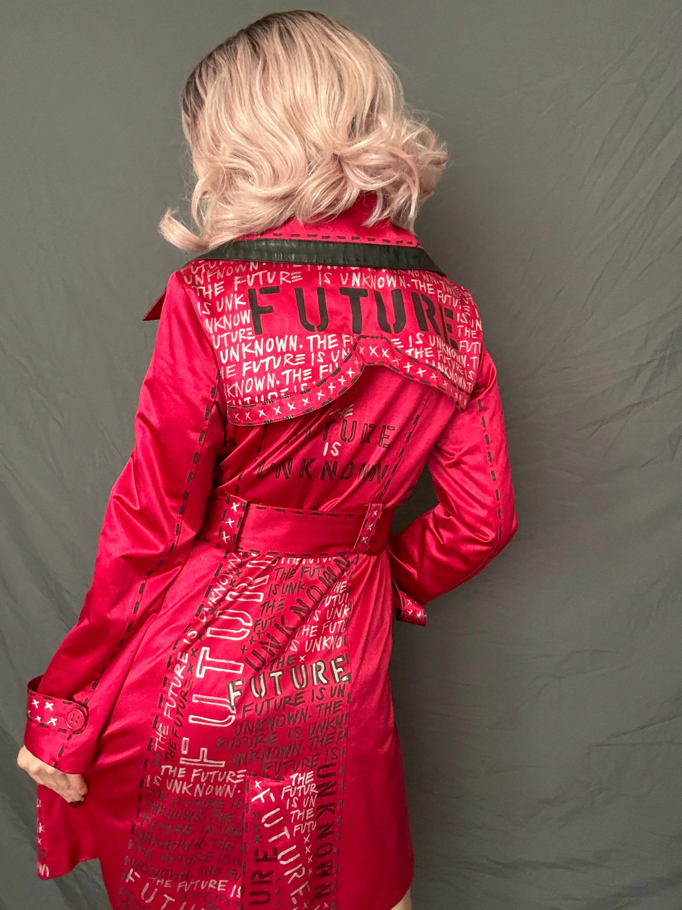 THE FUTURE IS UNKNOWN Womens Red Trench Coat, Small