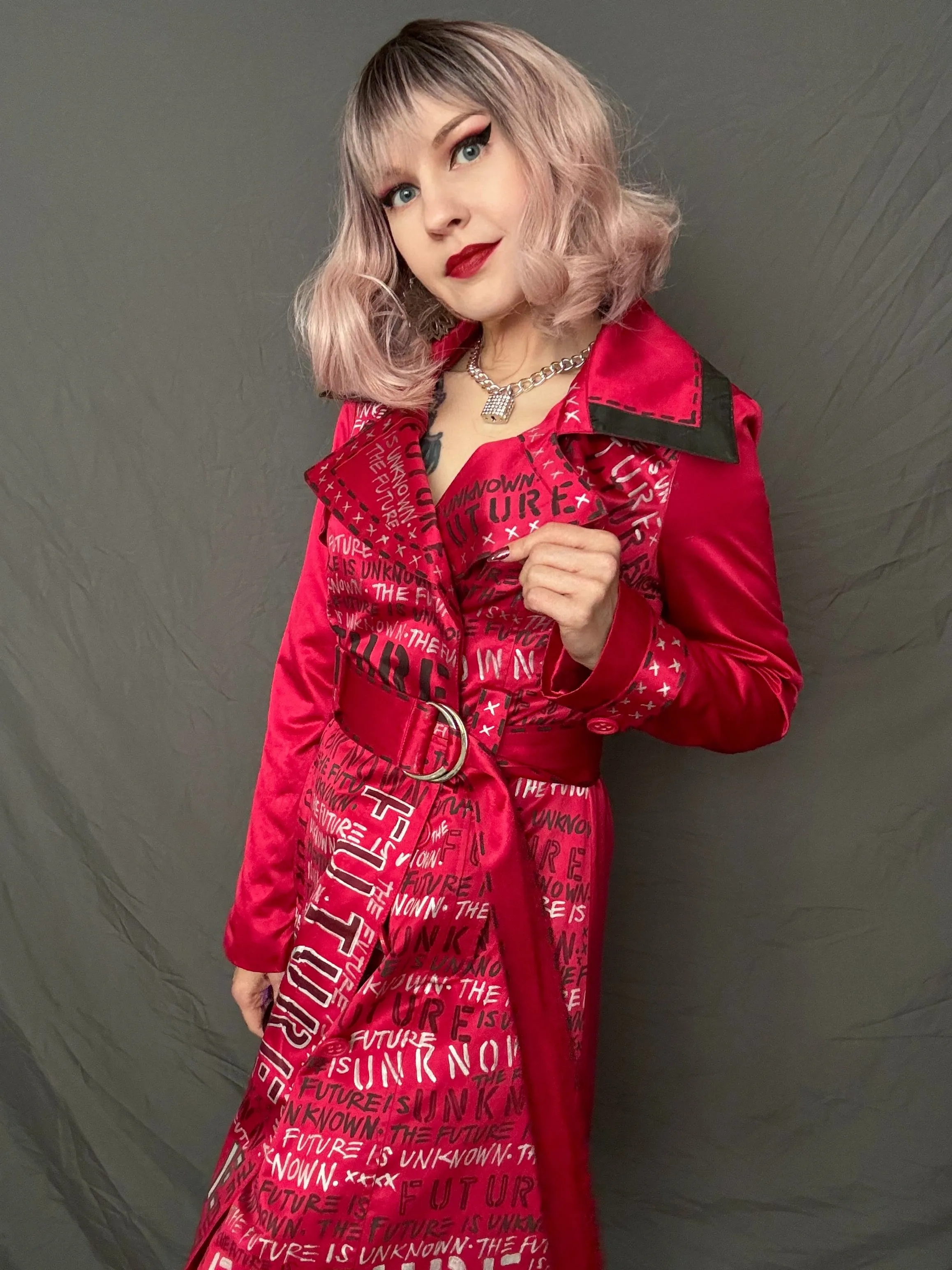THE FUTURE IS UNKNOWN Womens Red Trench Coat, Small