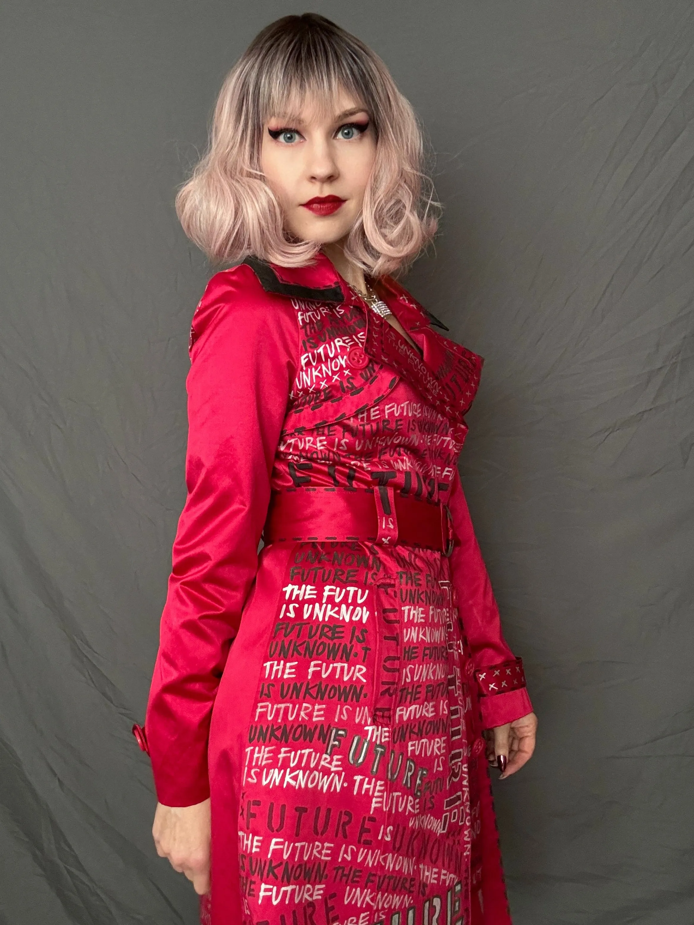 THE FUTURE IS UNKNOWN Womens Red Trench Coat, Small