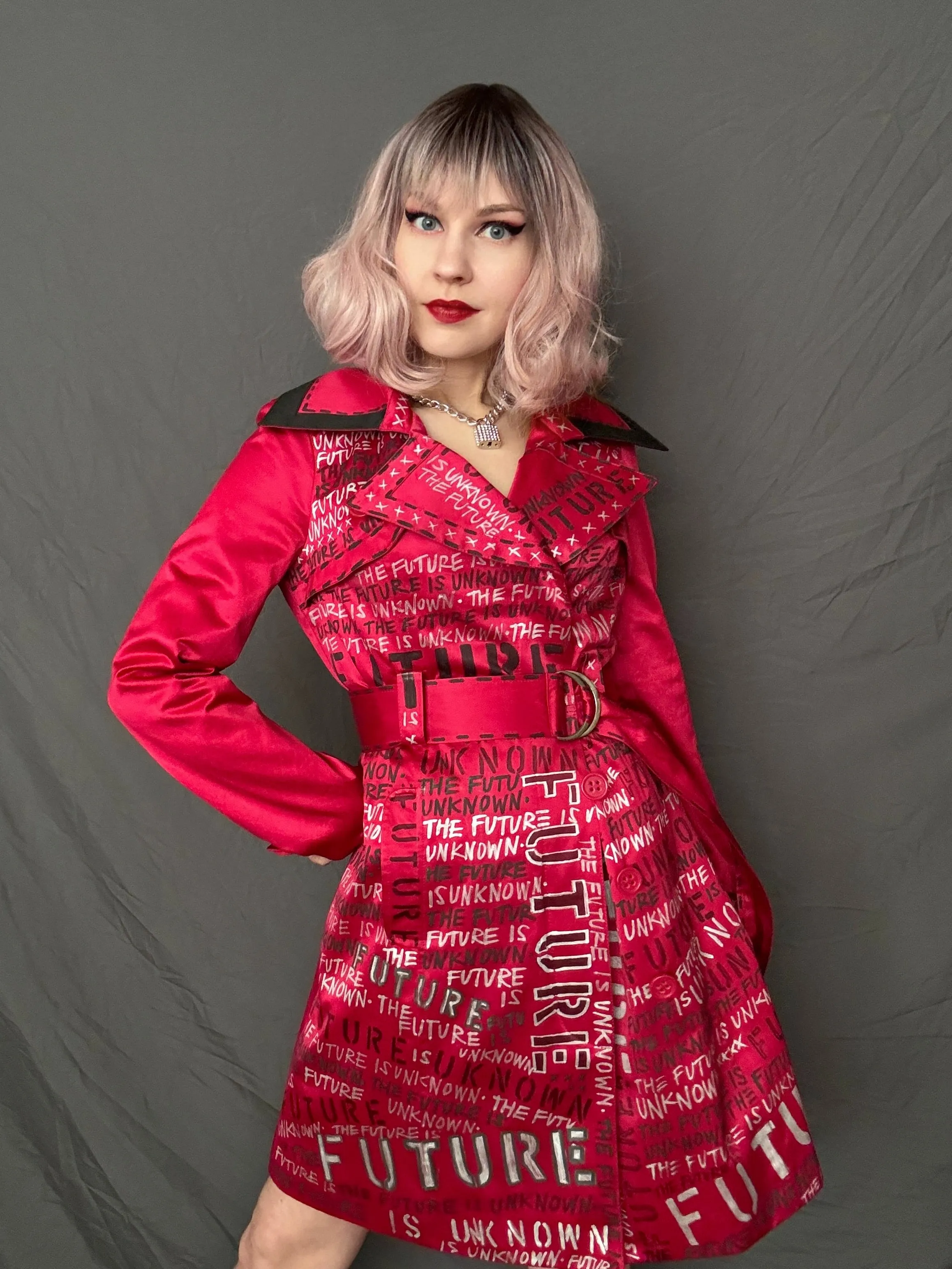 THE FUTURE IS UNKNOWN Womens Red Trench Coat, Small