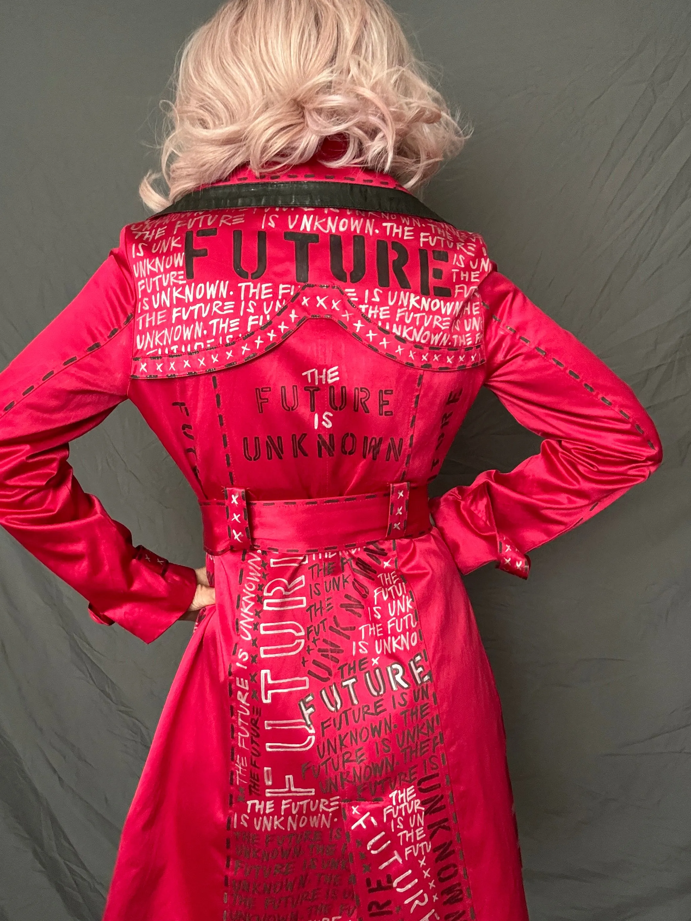 THE FUTURE IS UNKNOWN Womens Red Trench Coat, Small