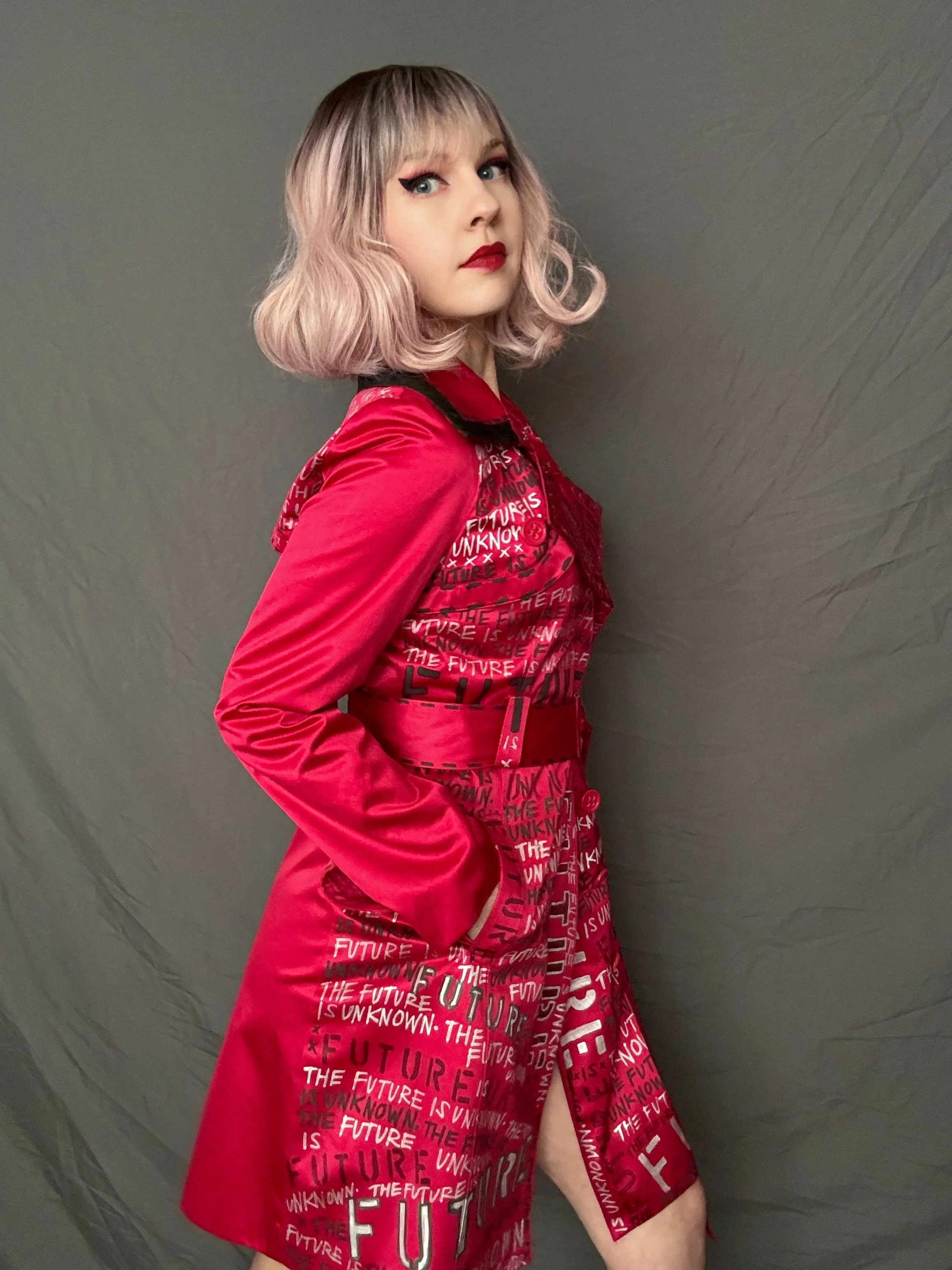 THE FUTURE IS UNKNOWN Womens Red Trench Coat, Small