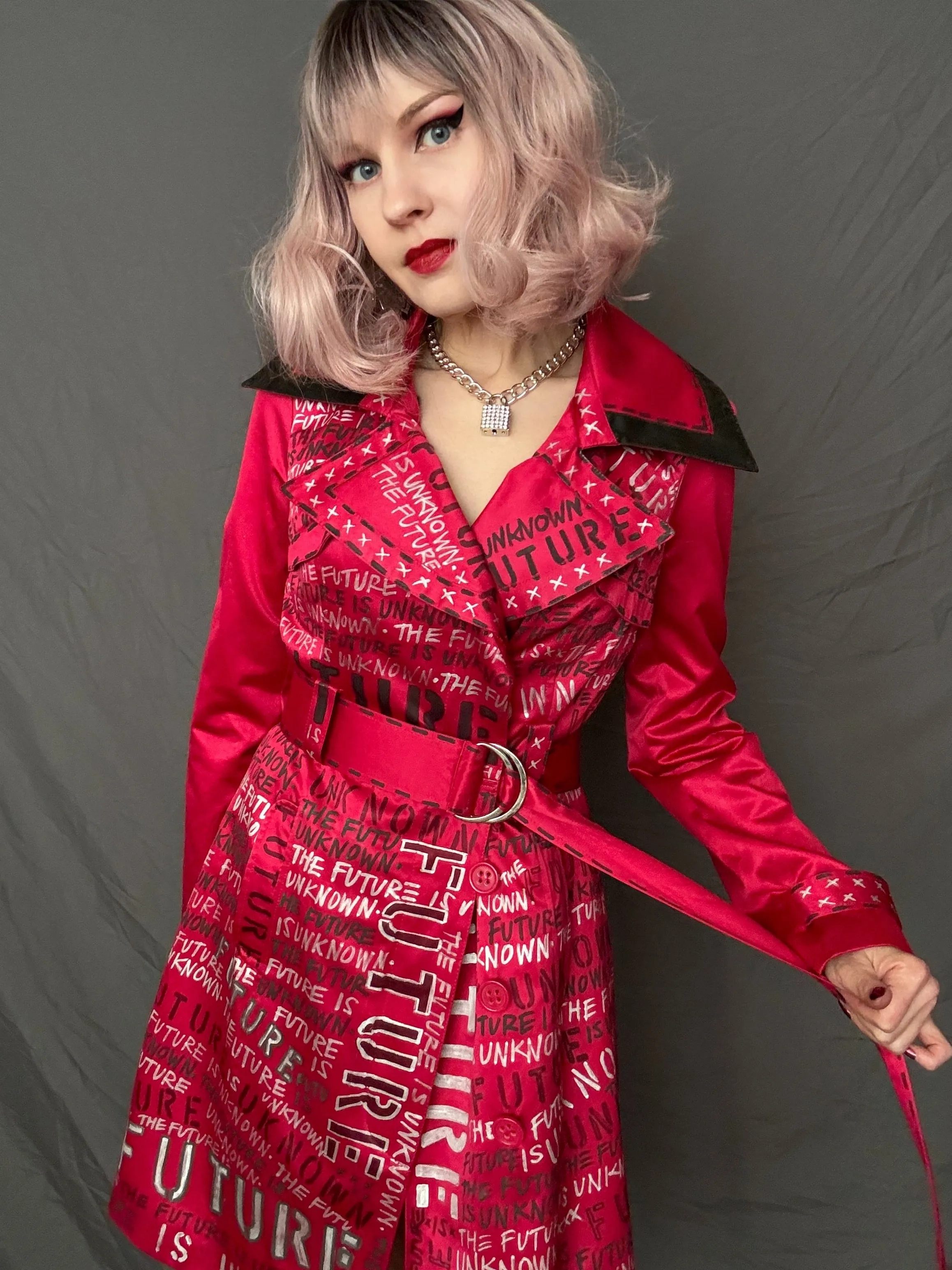 THE FUTURE IS UNKNOWN Womens Red Trench Coat, Small
