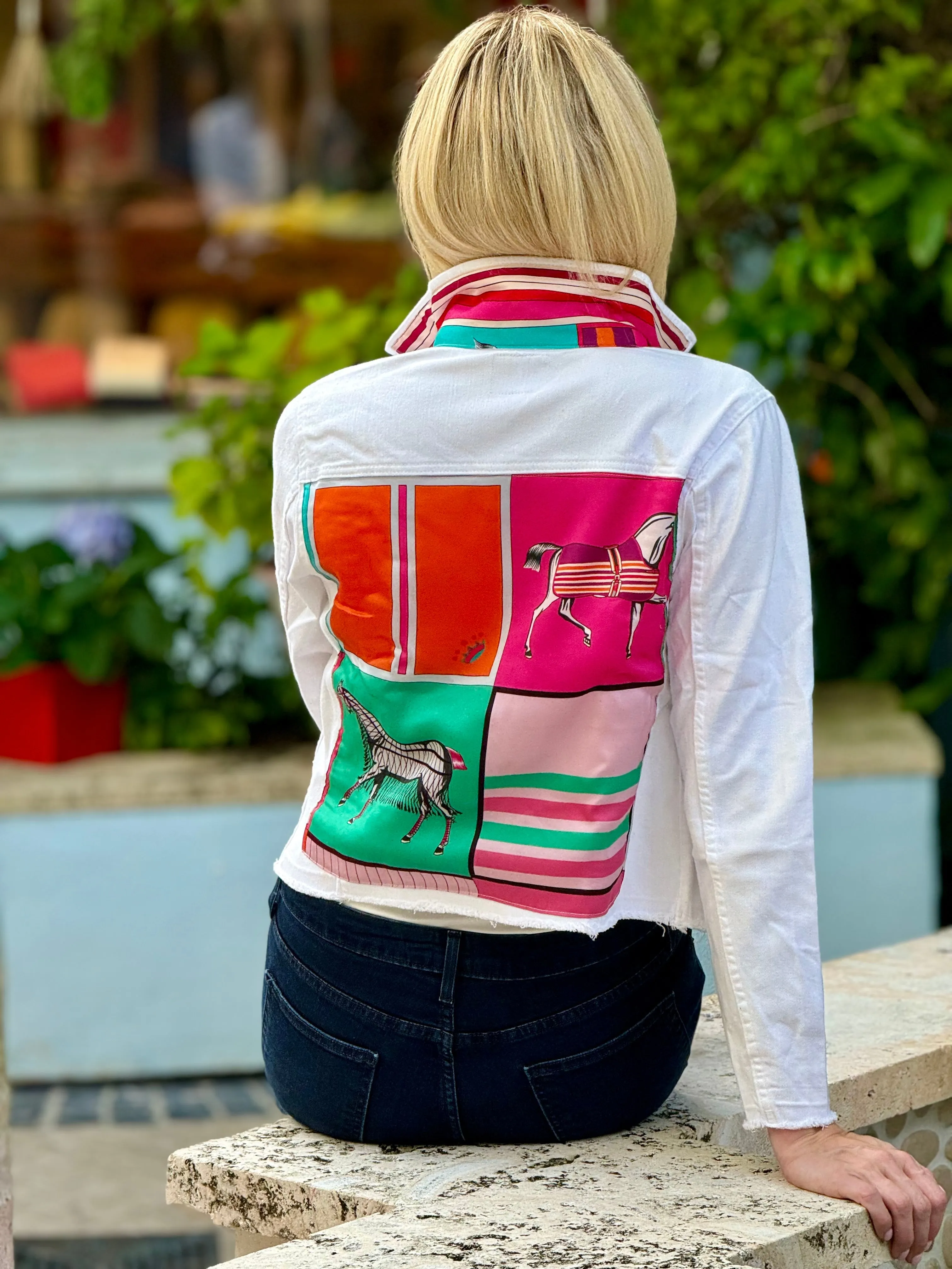The White Denim Jacket / Pink Horse with Teal