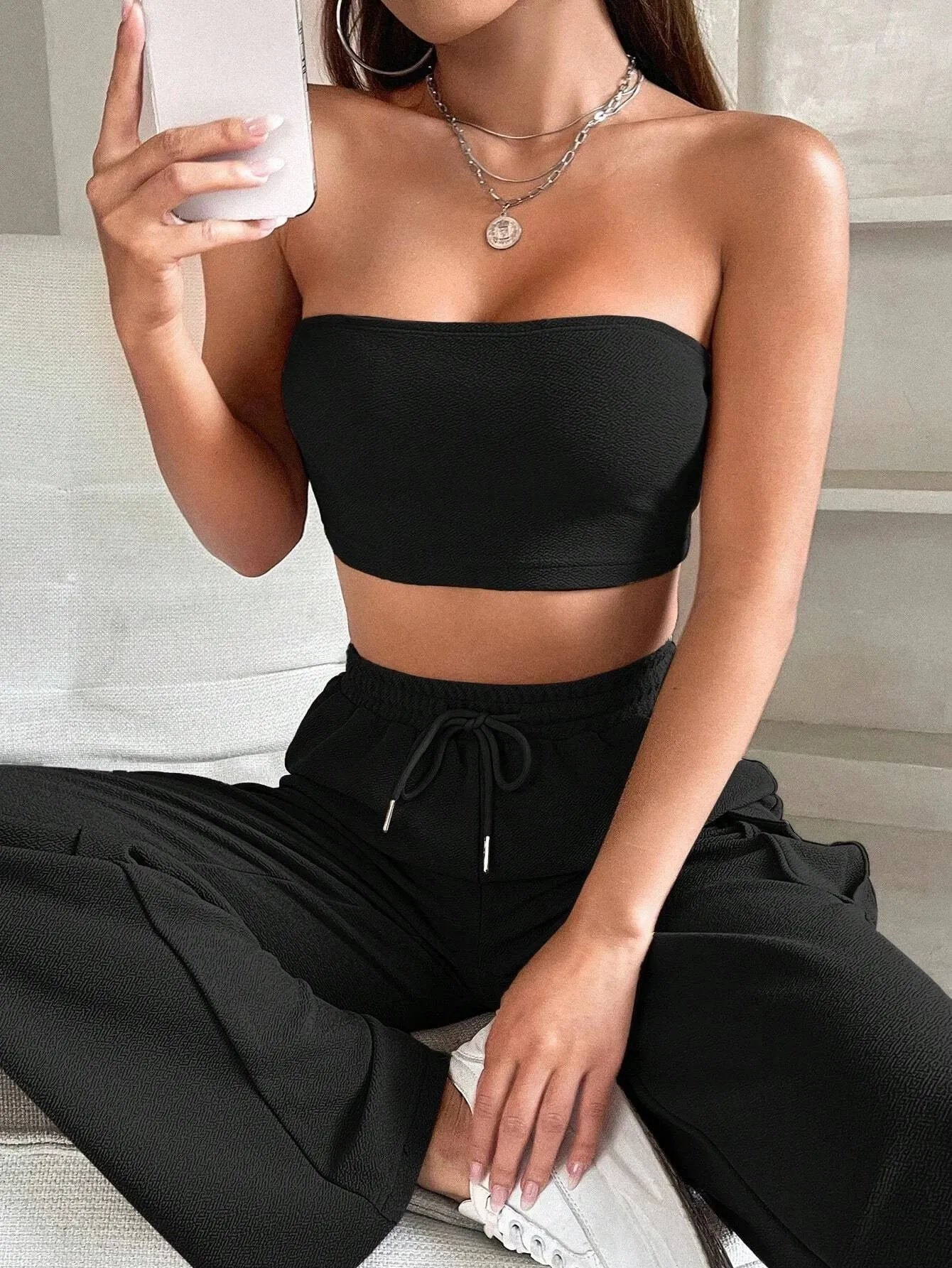 Tube Crop Top And Drawstring Cargo Pants