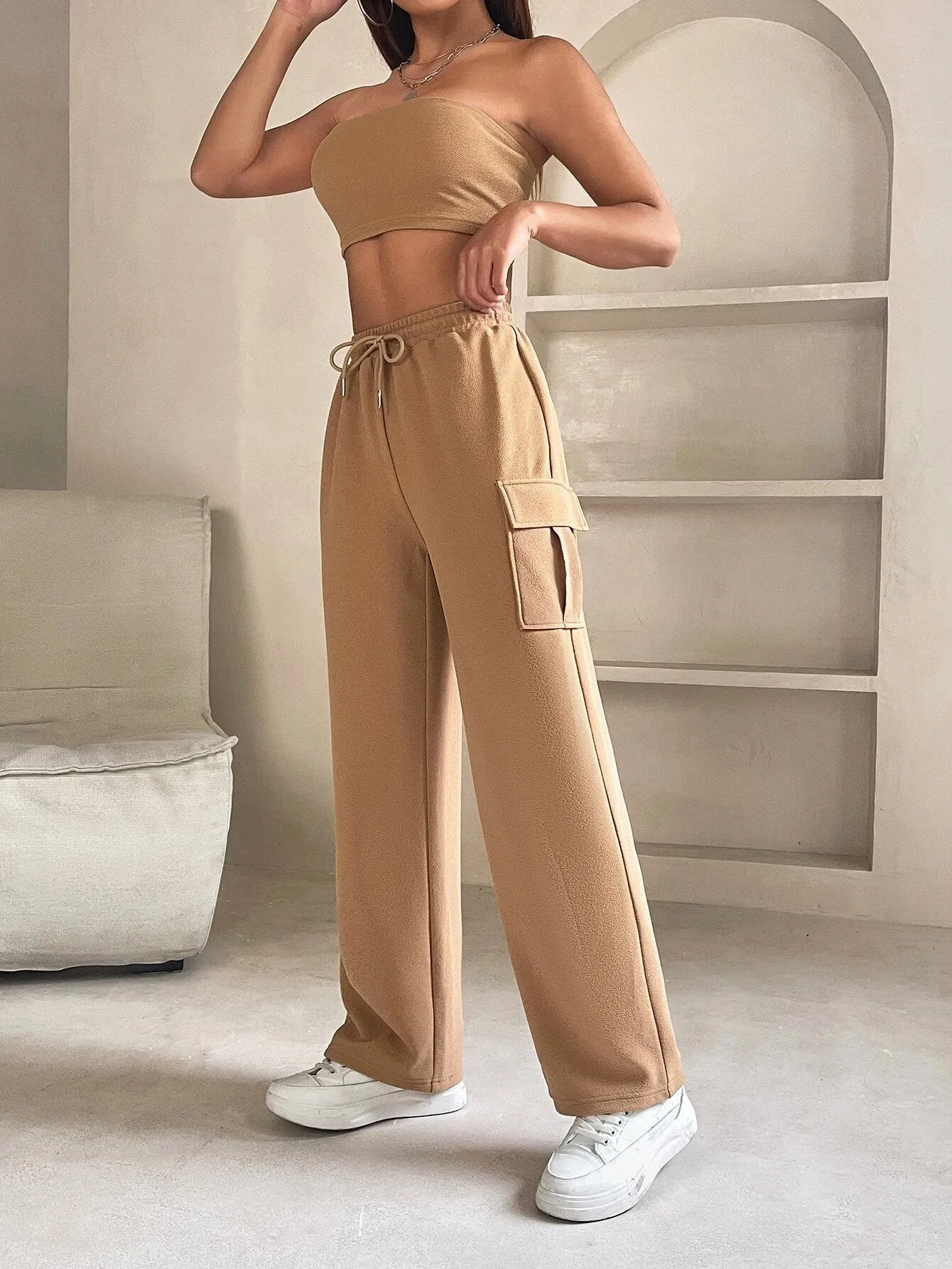Tube Crop Top And Drawstring Cargo Pants