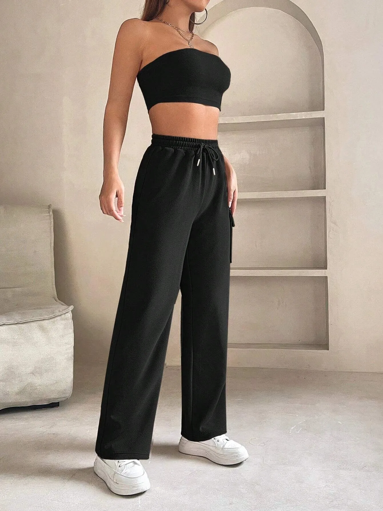 Tube Crop Top And Drawstring Cargo Pants