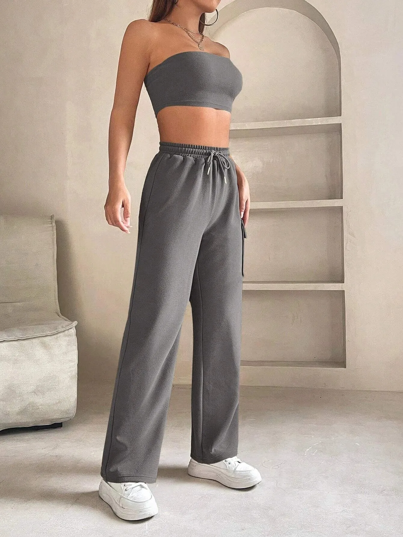 Tube Crop Top And Drawstring Cargo Pants