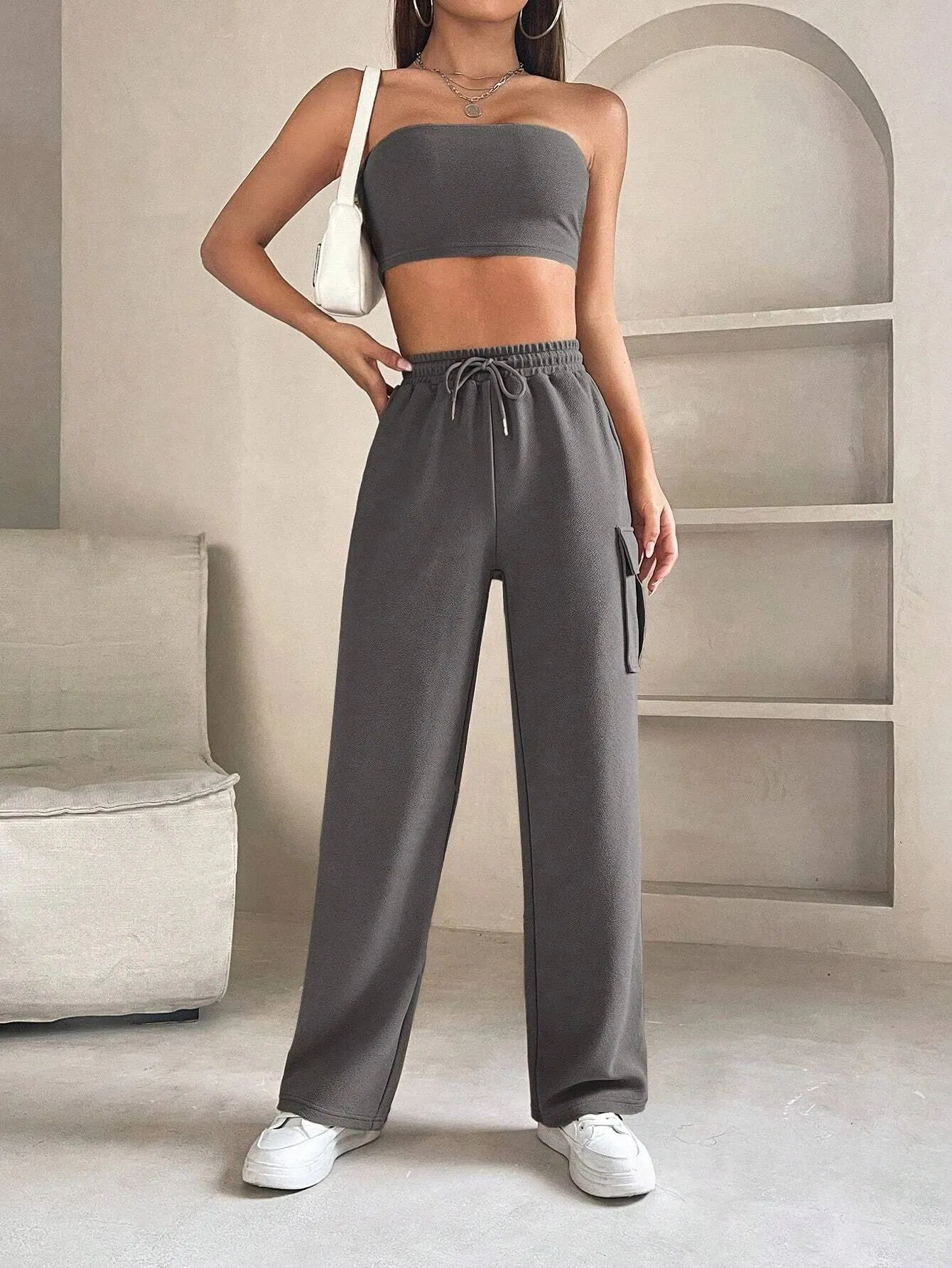 Tube Crop Top And Drawstring Cargo Pants