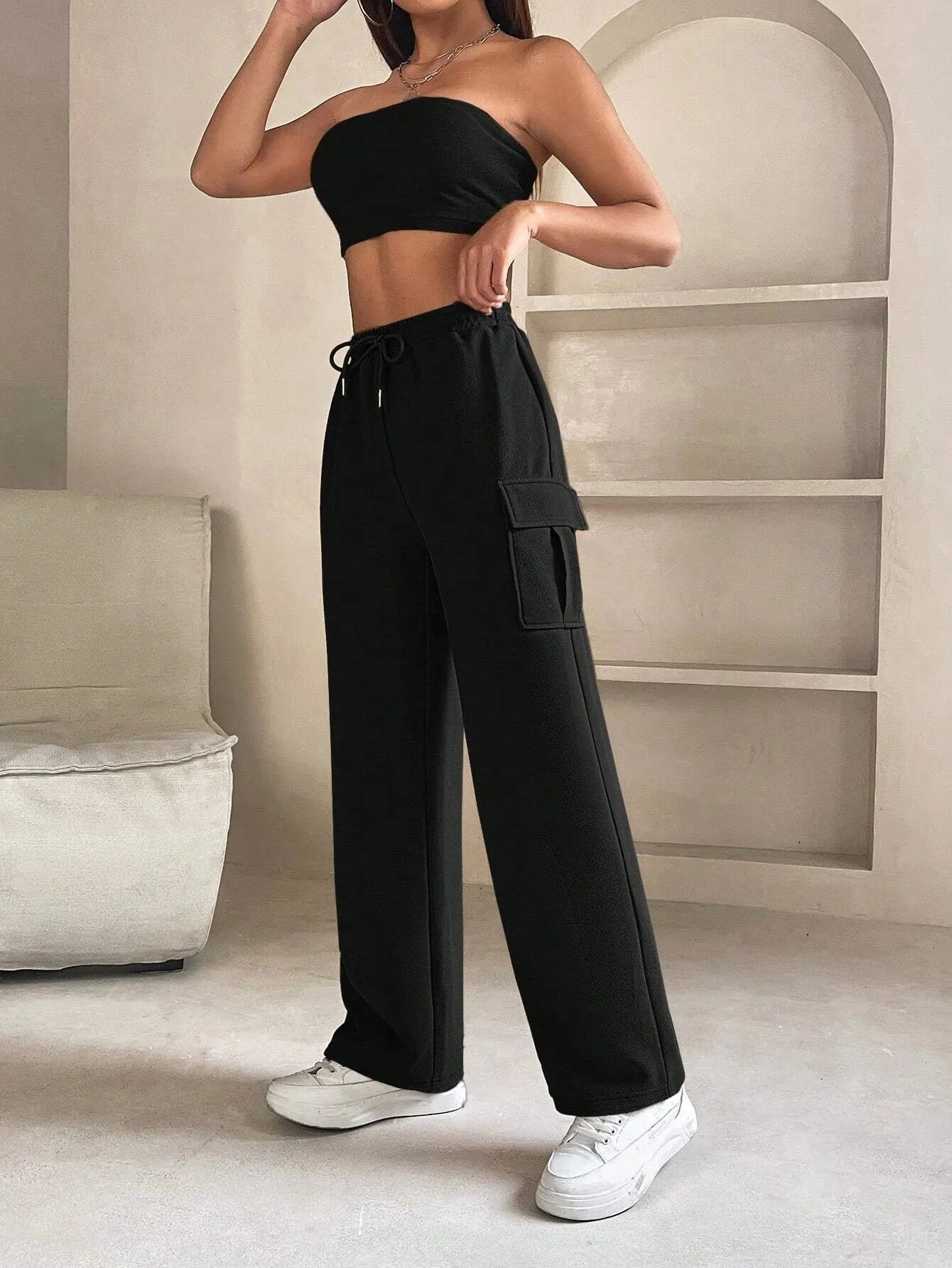 Tube Crop Top And Drawstring Cargo Pants