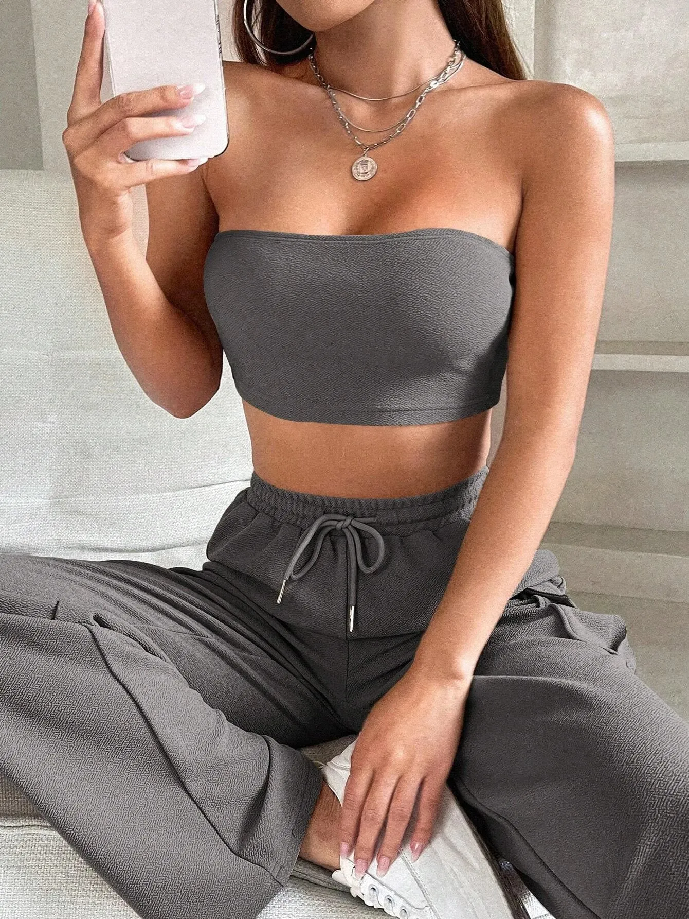 Tube Crop Top And Drawstring Cargo Pants