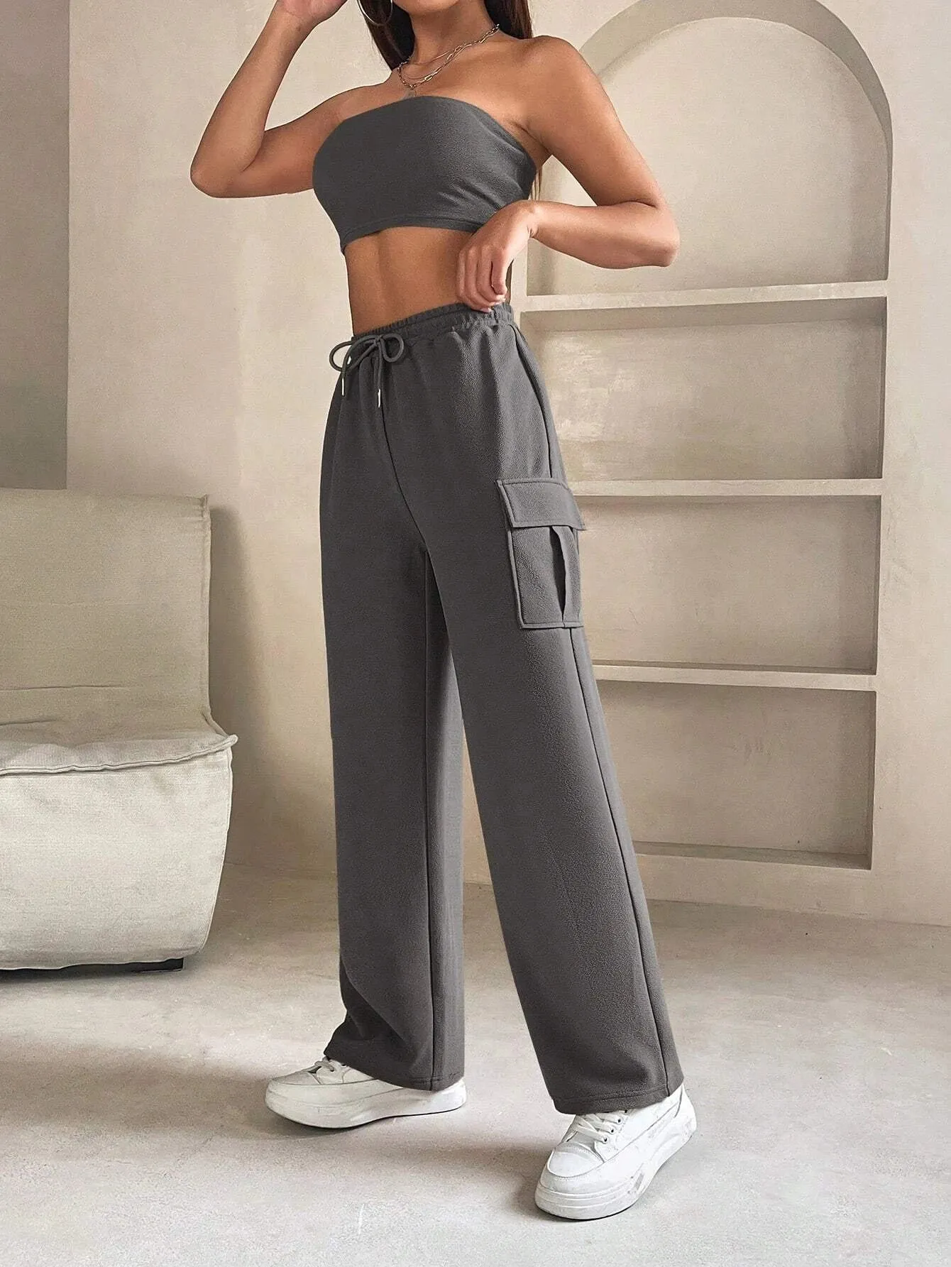 Tube Crop Top And Drawstring Cargo Pants
